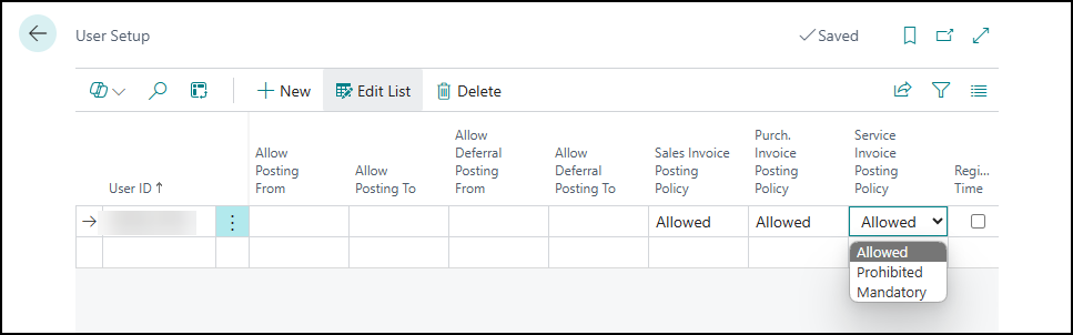 “服务发票过帐策略”设置为“已允许”的用户设置的屏幕截图。