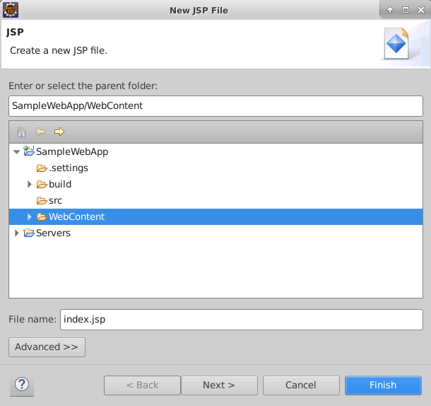 Eclipse 中“新建 JSP 文件”向导的屏幕截图，显示“JSP”页。