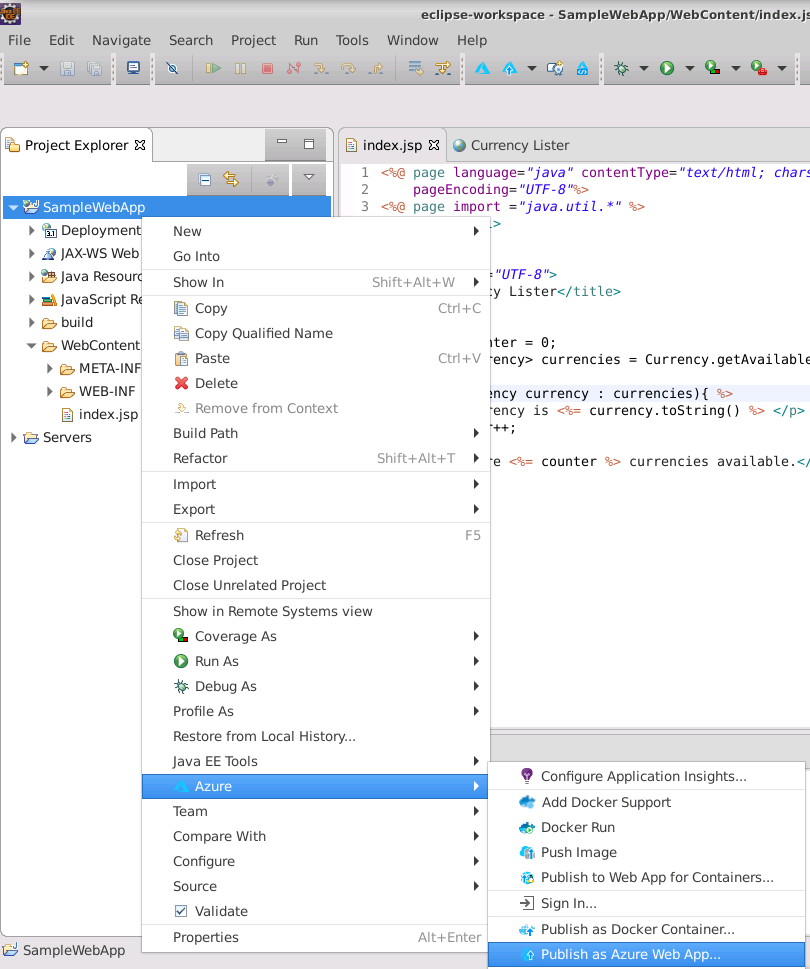 项目资源管理器中 Azure 菜单的屏幕截图，其中选择了“发布为 Azure Web 应用”。