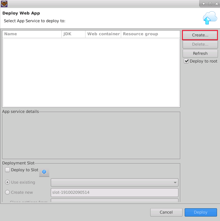 Screenshot of the Deploy Web App wizard. The Create button is highlighted.