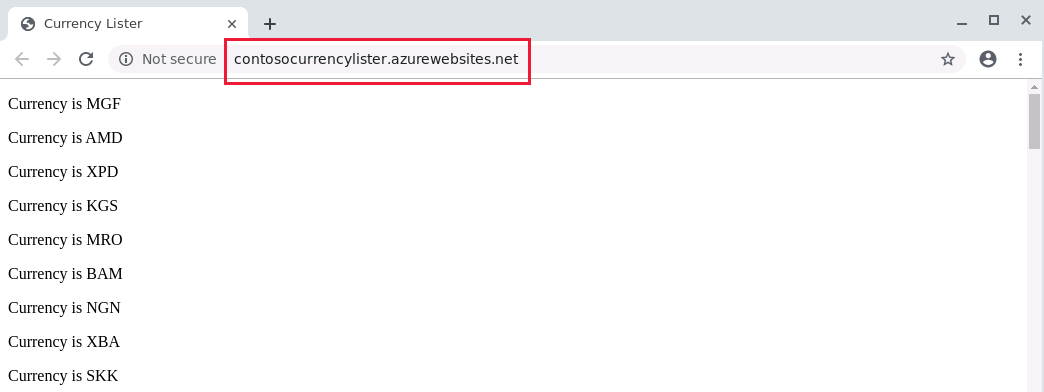 在 Azure 中使用 Web 应用服务运行的 Web 应用的屏幕截图。