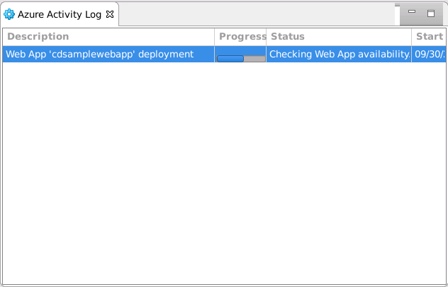 部署 Web 应用时，Eclipse 中“Azure 活动日志”窗口的屏幕截图。