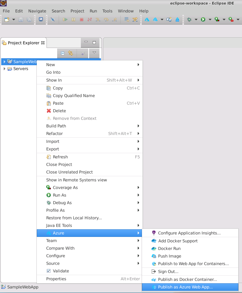 Eclipse 中 Azure 菜单的屏幕截图，其中选择了“发布为 Azure Web 应用”。