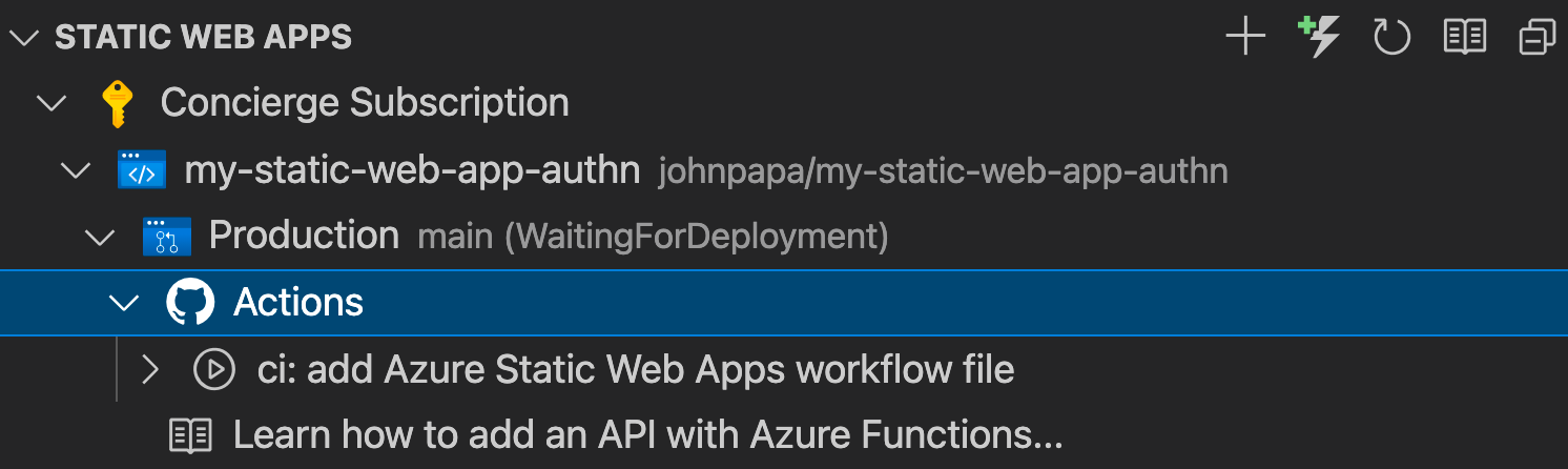 显示 VS Code 中 GitHub Actions 菜单的屏幕截图。