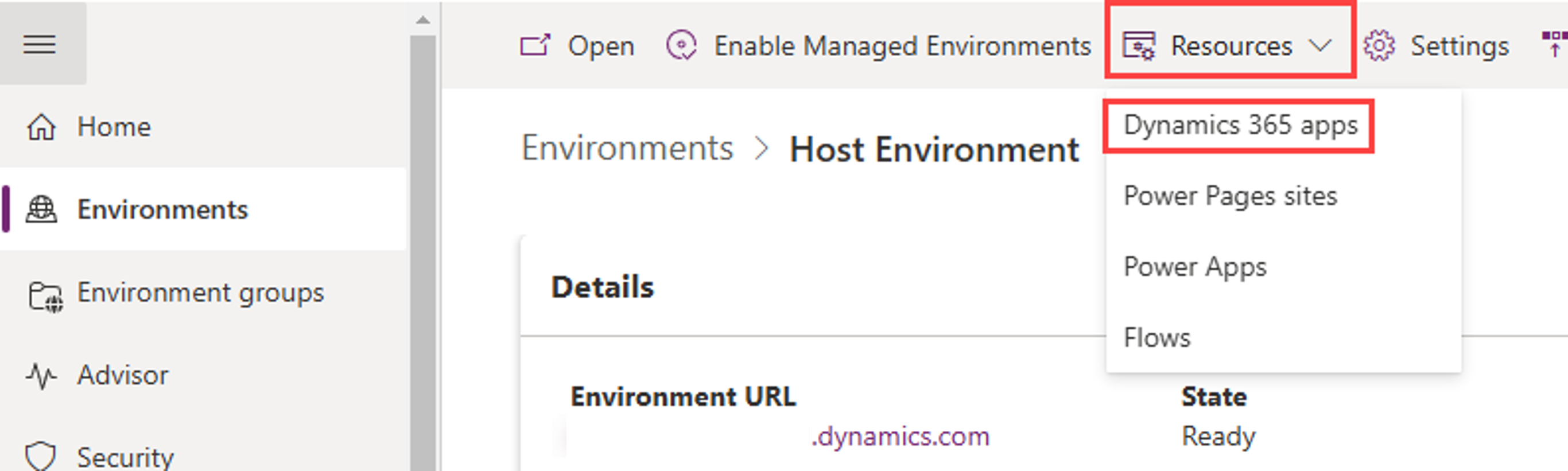 Screenshot of the Dynamics 365 apps option selected.