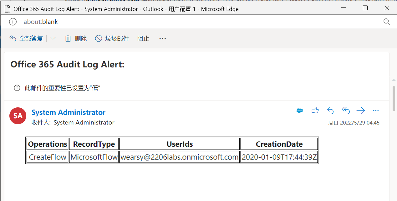 显示 Office 365 审核日志警报电子邮件的 Outlook 屏幕截图。