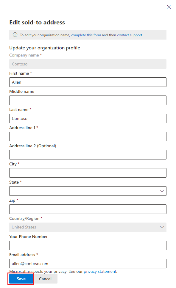 Screenshot of the Edit sold to address details page.