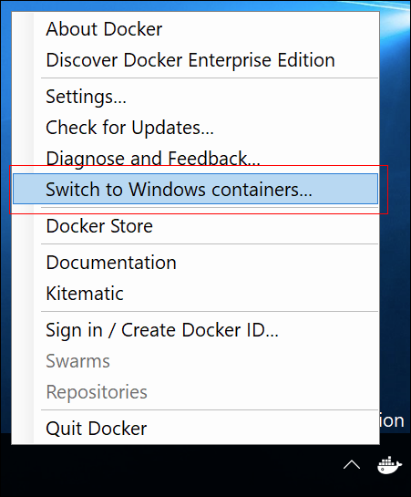 “切换到 Windows 容器”选项的屏幕截图。
