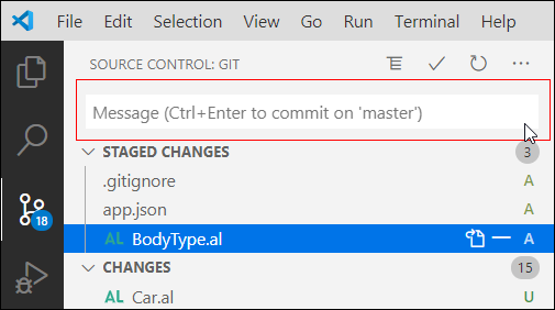 SCM 窗格中添加提交消息区域的屏幕截图。