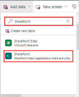 “添加数据”按钮视图,其中在搜索字段中输入了 SharePoint 并突出显示 SharePoint。