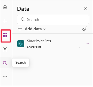 侧边栏视图,其中选择了“数据”并显示了刚刚添加为数据源的 SharePoint 列表。