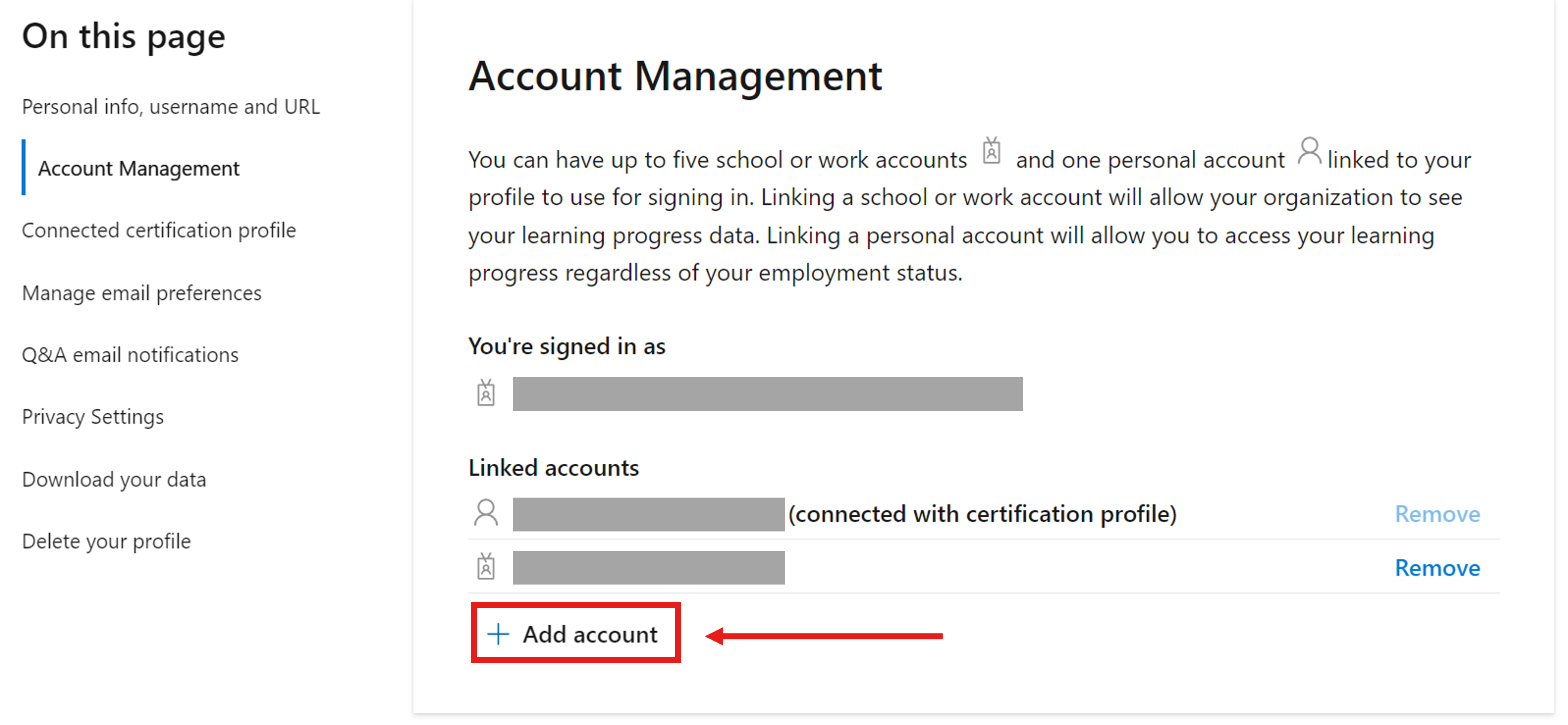 Microsoft Learn 个人资料设置中“帐户管理”部分的屏幕截图。