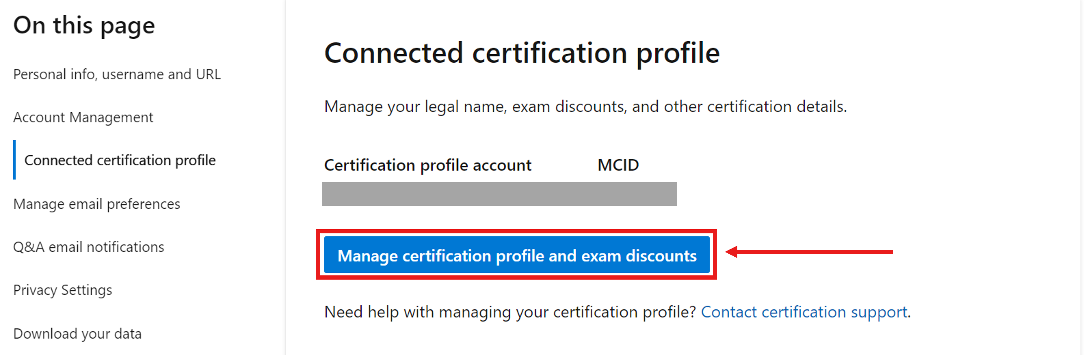 Microsoft Learn 个人资料设置中“连接的认证个人资料”部分的屏幕截图。