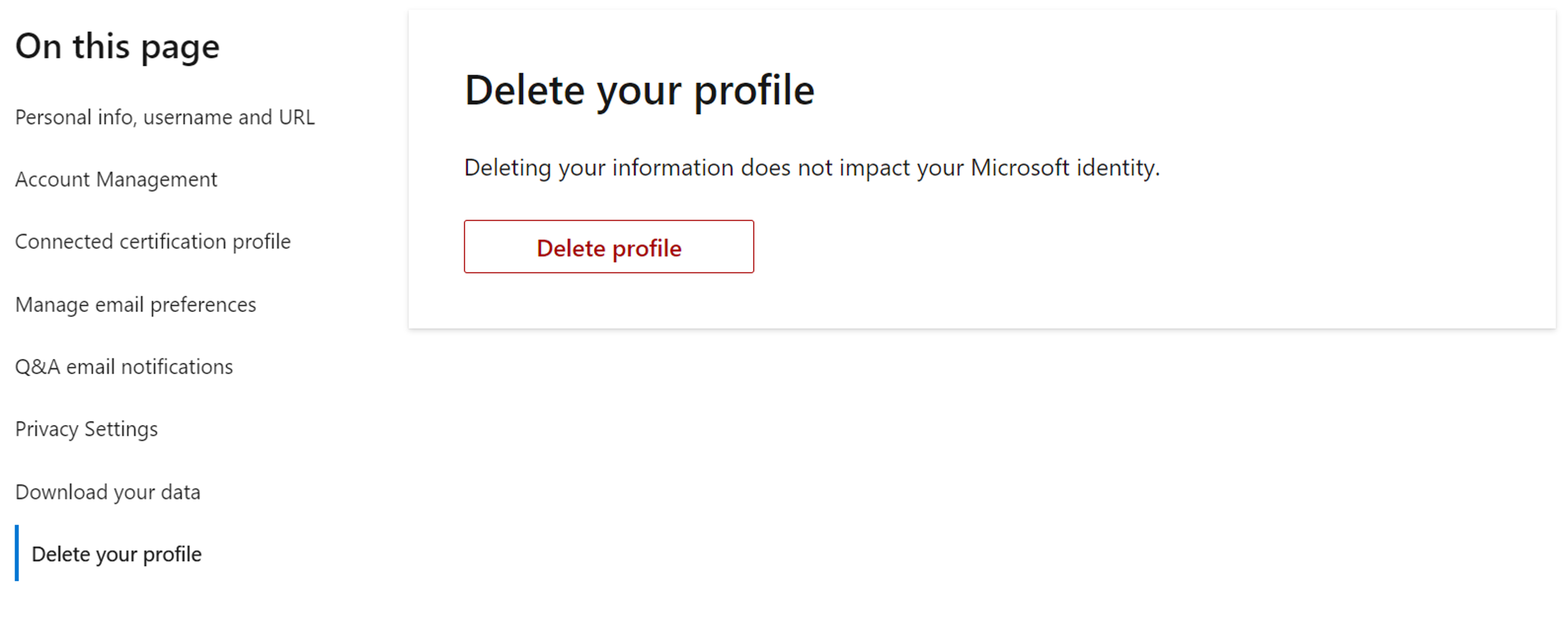 Microsoft Learn 个人资料设置中的“删除个人资料”部分的屏幕截图。