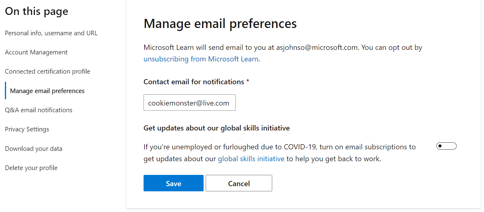 Microsoft Learn 个人资料设置中“管理电子邮件首选项”部分的屏幕截图。