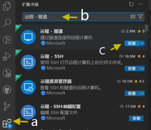 “扩展: 市场”中“远程 - 隧道”搜索的屏幕截图。