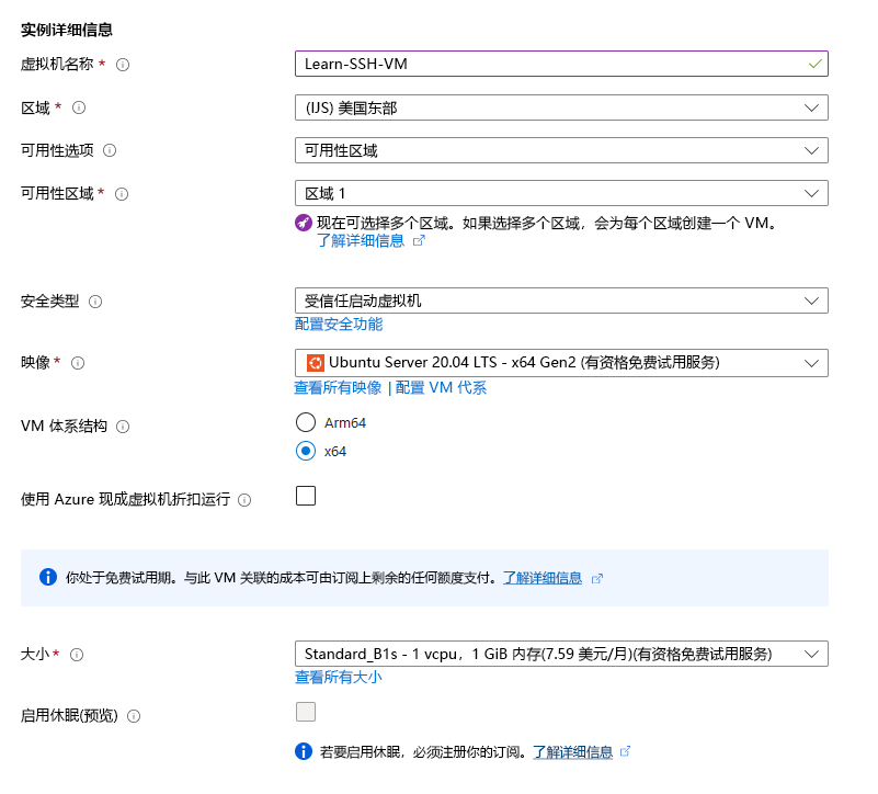 显示要创建的 Azure VM 的详细信息的屏幕截图。