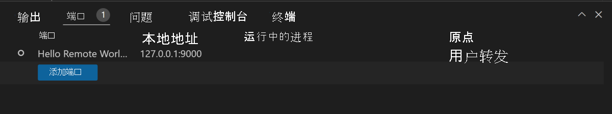 显示 Visual Studio Code 中的端口转发功能的屏幕截图。