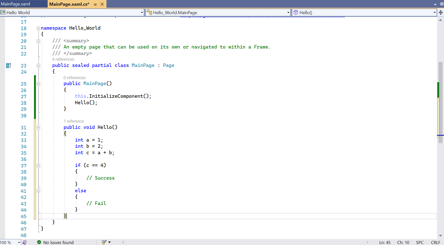 Visual Studio 中编辑器窗口的屏幕截图。其中显示了来自上述断点步骤的示例代码。