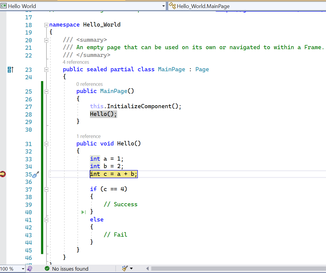 Visual Studio 编辑器窗口的屏幕截图。黄色箭头显示在边距的断点内。