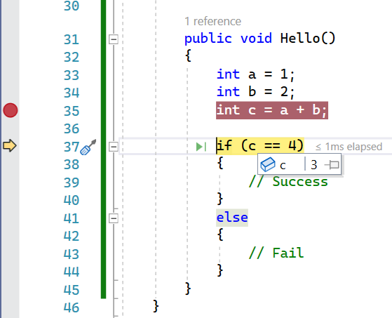 Visual Studio 编辑器窗口的屏幕截图。一个弹出窗口显示鼠标悬停的位置。它指示 c 的值为 3。