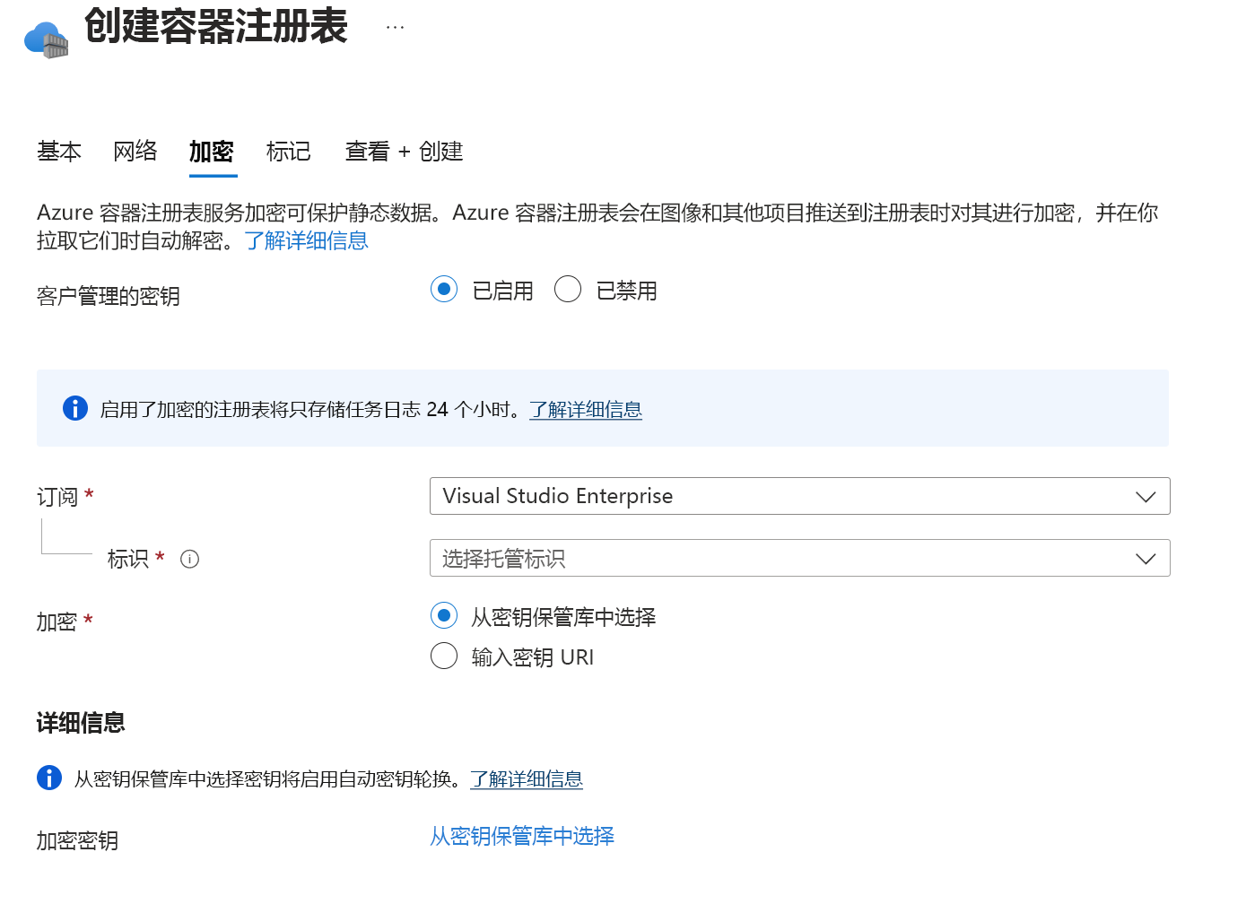 显示用于创建容器注册表实例的“加密”选项卡选项的屏幕截图。