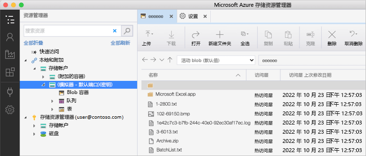 显示模拟器存储帐户已打开的 Azure 存储资源管理器的屏幕截图，其中包含一个文件夹和多个文档。访问层信息可见。
