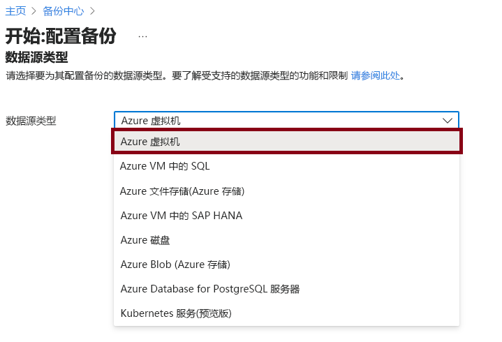 显示本地 Azure 虚拟机到 Azure 恢复服务保管库的备份选项的屏幕截图。