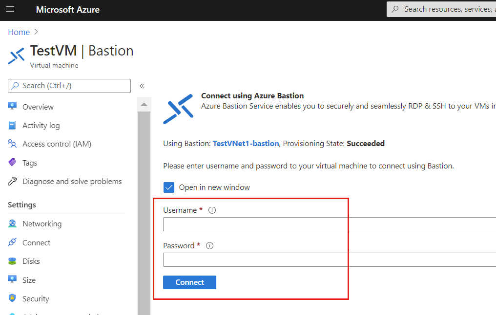 Screenshot showing how to connect to Bastion.