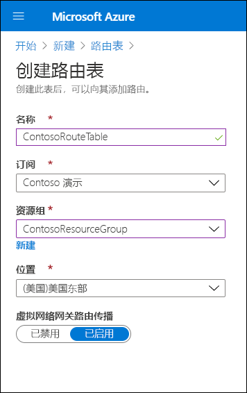 Azure 门户中“创建路由表”页的屏幕截图。管理员已将“名称”定义为 ContosoRouteTable,并为虚拟网关路由传播值选择了“启用”。