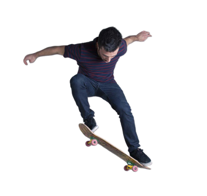 A skateboarder performing a trick with a black background.