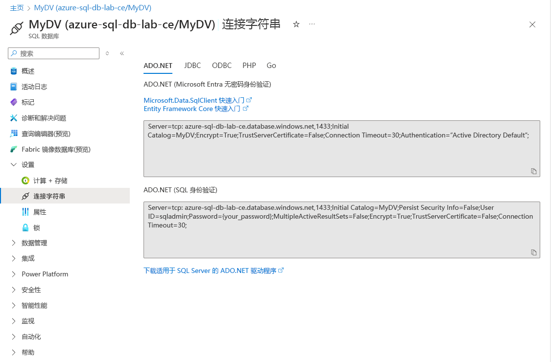 显示 Azure SQL 数据库连接设置的屏幕截图。