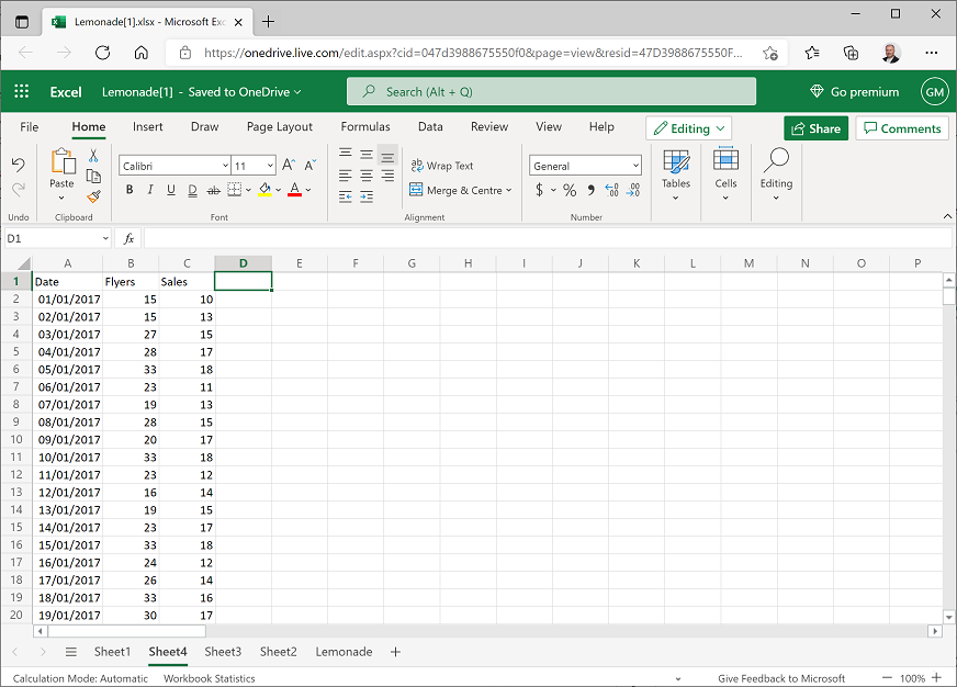Screenshot of a new worksheet showing total flyers and sales by date.