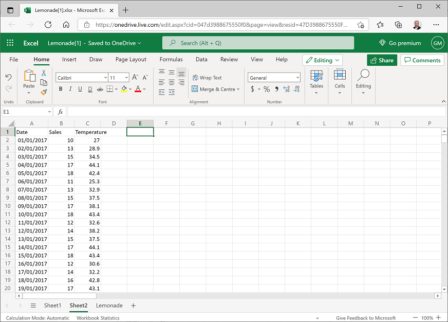 Screenshot of a new worksheet showing sales and temperature totals by date.