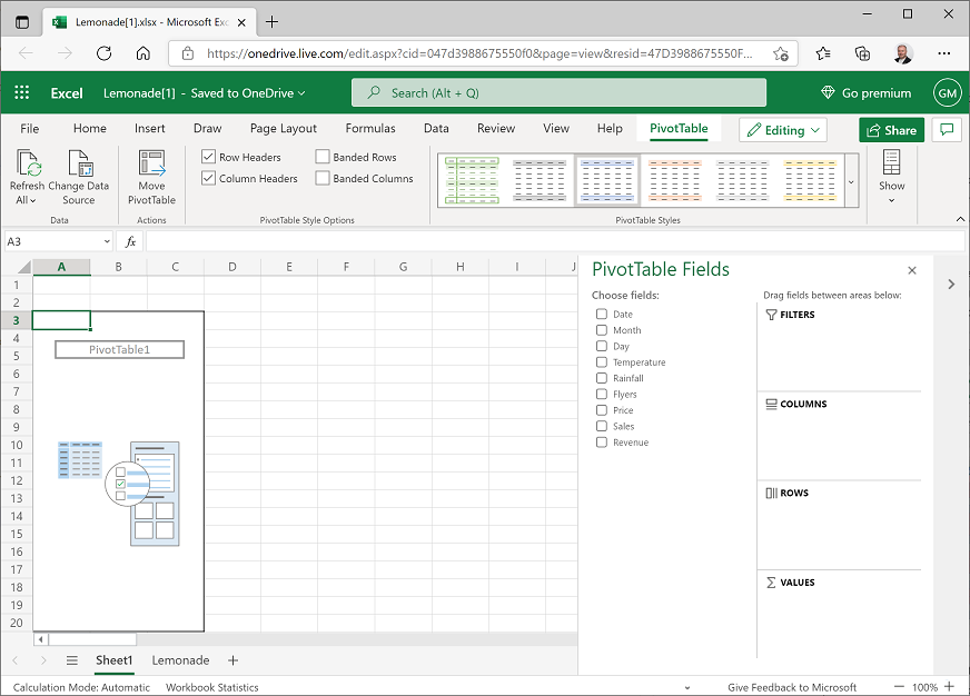 Screenshot of an empty Pivot Table in Excel Online.