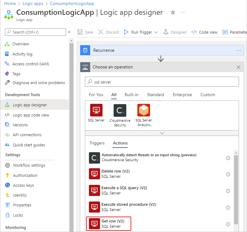 Screenshot showing the Azure portal, workflow designer for Consumption logic app, the search box with sql server, and Get row selected in the Actions list.