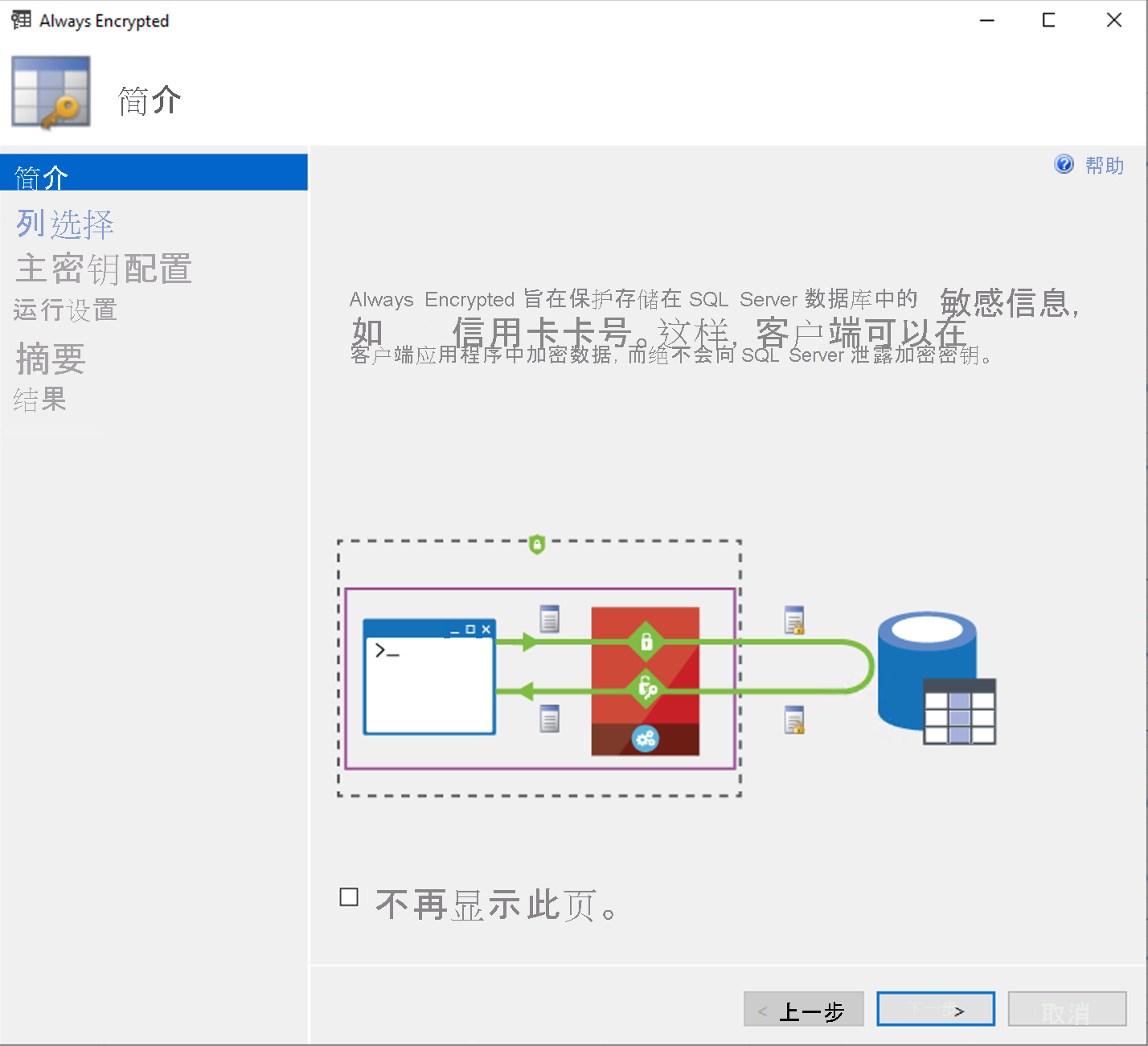 屏幕截图显示 SSMS 的 Always Encrypted 向导启动屏幕。
