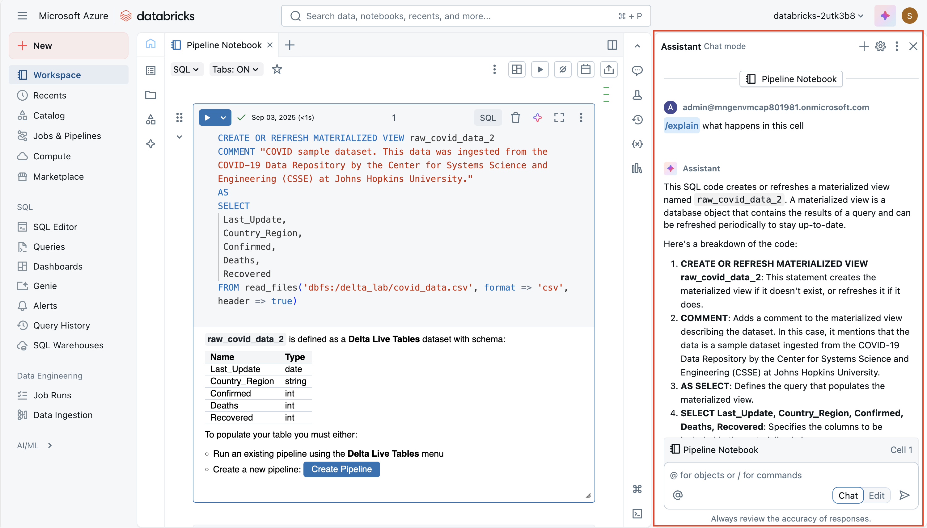 Azure Databricks Notebook 中 AI 助手的屏幕截图。