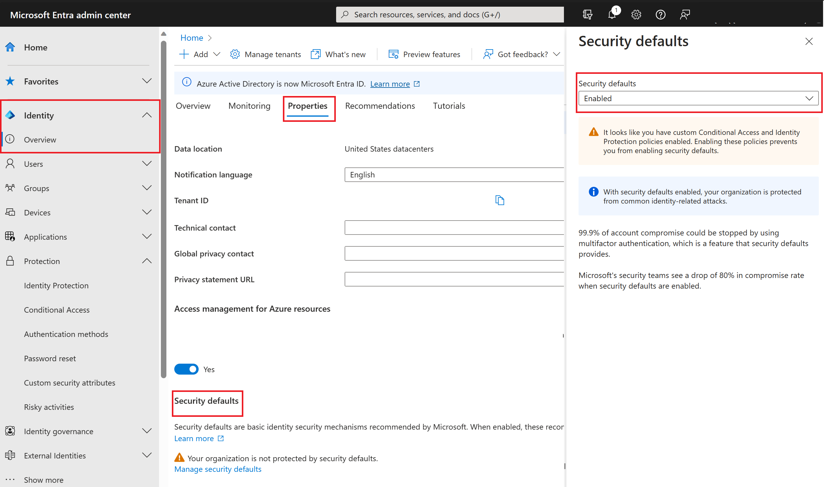Microsoft Entra 管理中心菜单的屏幕截图，其中选中了“标识”-“概述”-“属性”。
