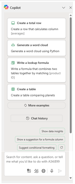 Excel 中 Copilot 窗格的屏幕截图，其中显示了初学者提示和选项。