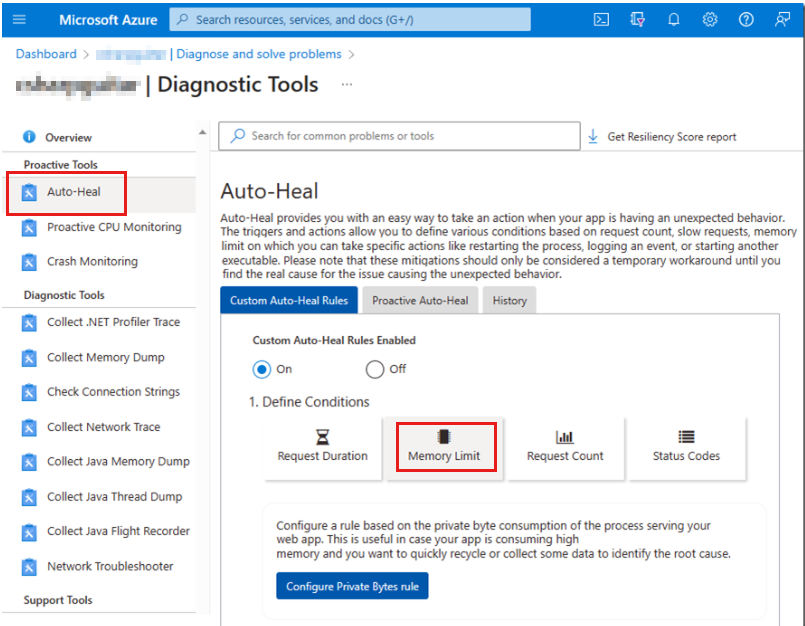 Azure 门户诊断工具中“自动治愈”页(包含“内存限制”磁贴)的屏幕截图。