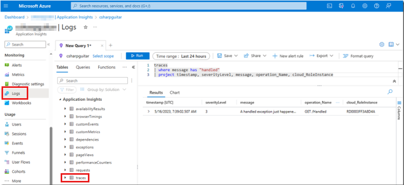 在 Application Insights/Log Analytics 的“日志”页中Azure 门户跟踪的屏幕截图。
