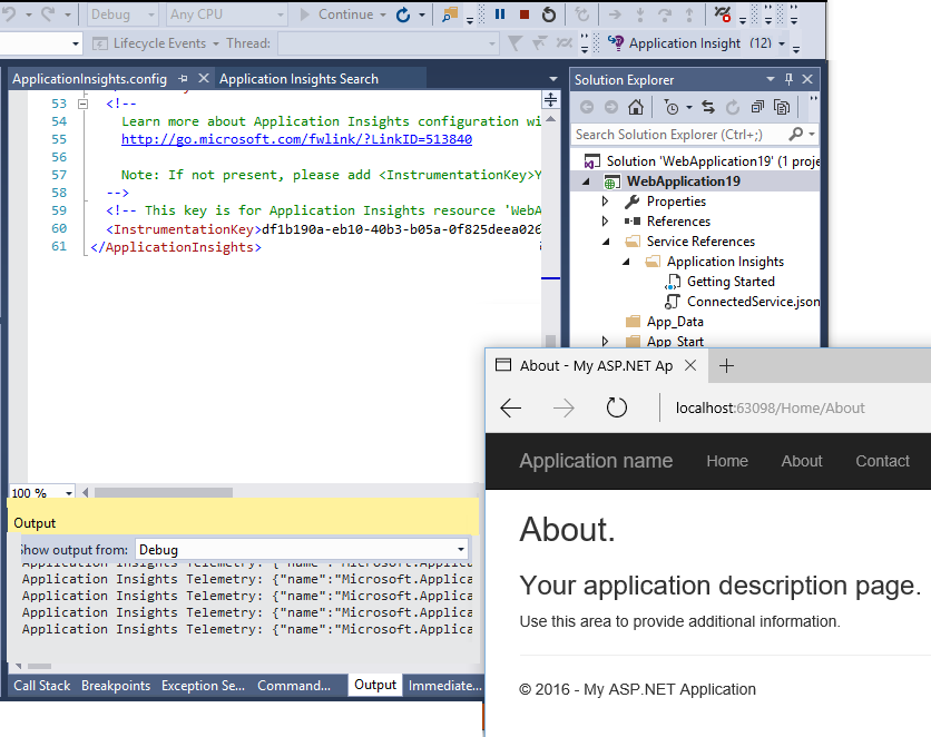 显示 Visual Studio 中以调试模式运行的应用程序的屏幕截图。