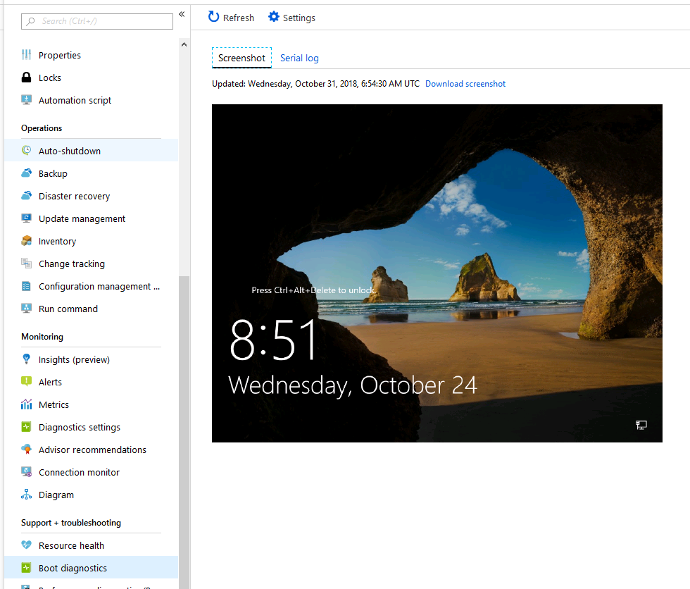 Azure 门户的“启动诊断”页中的“屏幕截图”选项卡的屏幕截图。