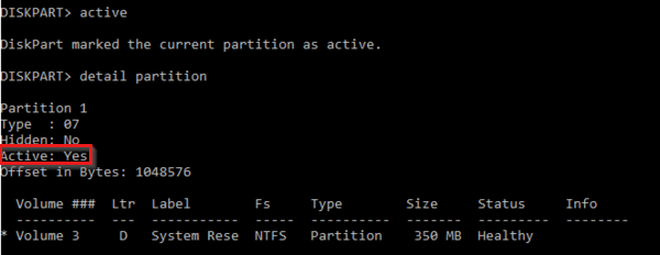 diskpart 窗口的屏幕截图，其中包含详细信息分区命令的输出，其中分区 1 设置为“活动：是”。
