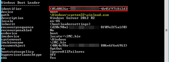 屏幕截图显示第 1 代 VM 中列出 BCD 存储的输出，其中列出了 Windows 启动加载程序 下的标识符编号。