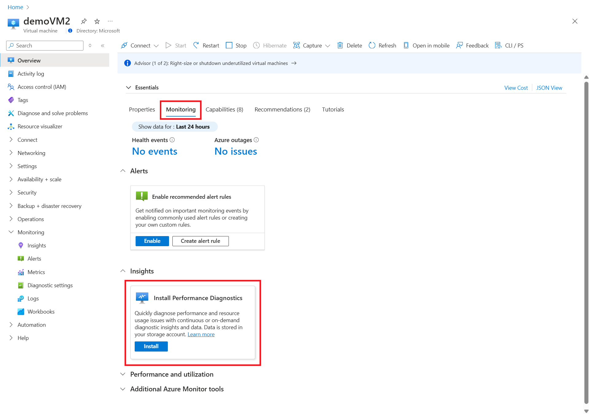 Azure 门户中“概述”窗格的屏幕截图,其中突出显示了“安装性能诊断”磁贴。