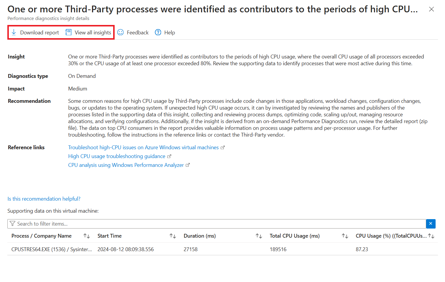 性能诊断体验的详细信息屏幕的屏幕截图。