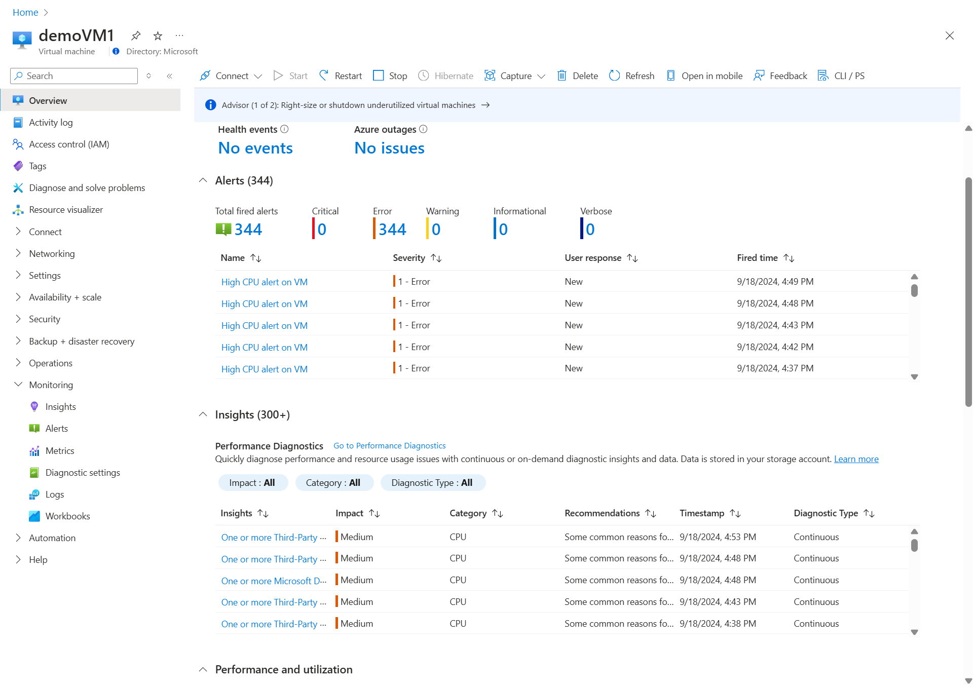 Azure 门户中概述体验的屏幕截图。