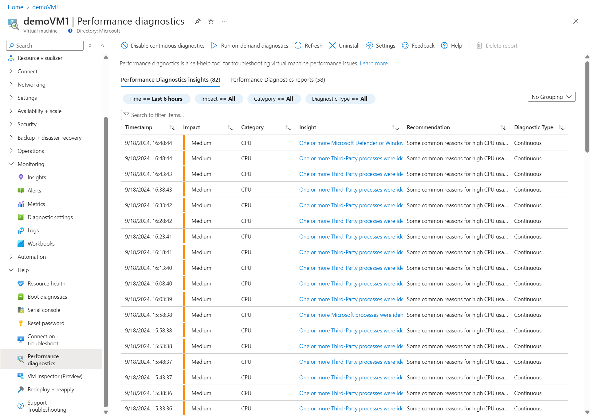 Azure 门户中性能诊断体验的屏幕截图。